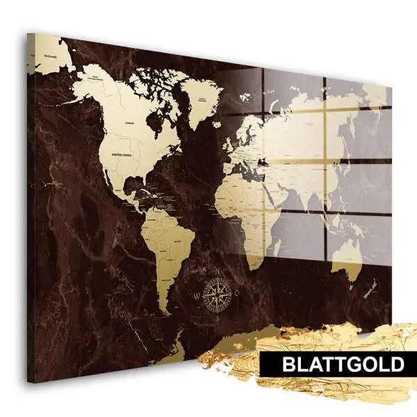 Blattgold Wandbild Weltkarte Brauner Marmor