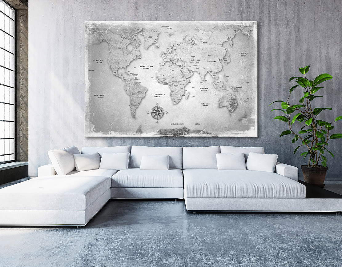 Leinwandbild Weltkarte Silver Style Wanddeko kaufen | Poster