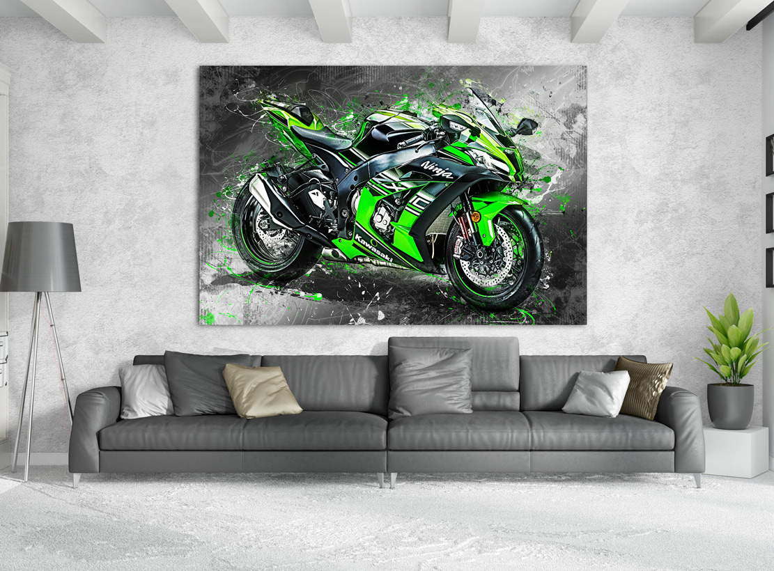 Kawasaki ZX10 Leinwand Bild XXL Modern Abstrakt Poster Motorrad Wandbild