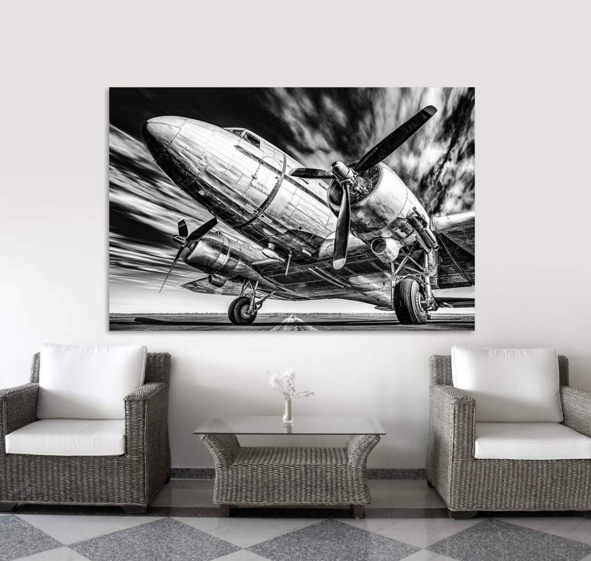 Flugzeug Retro Wohnzimmer Bild Foto Leinwand Poster Wandbild 100 cm*65 cm 736 sw 